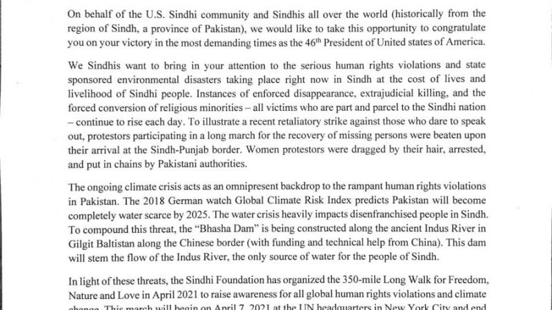 Sindhi Foundation sent a letter to President Joe Biden