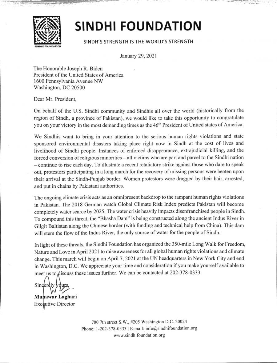 Sindhi Foundation sent a letter to President Joe Biden
