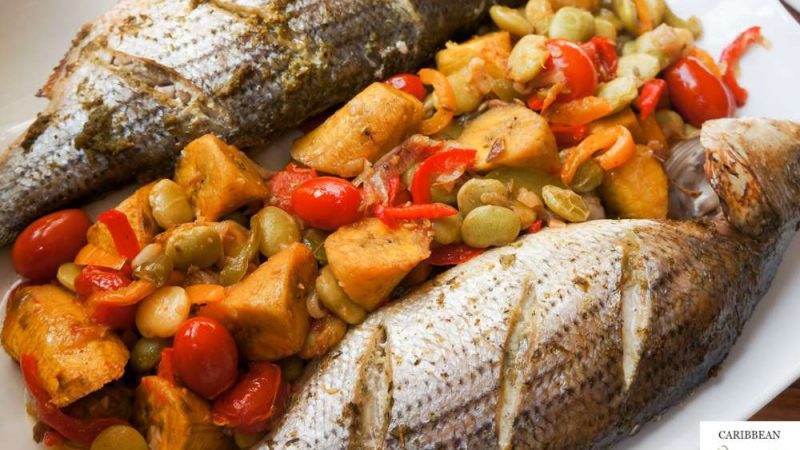 Roasted Sea Bass with Lima Beans, Peppers, and Plantains: A